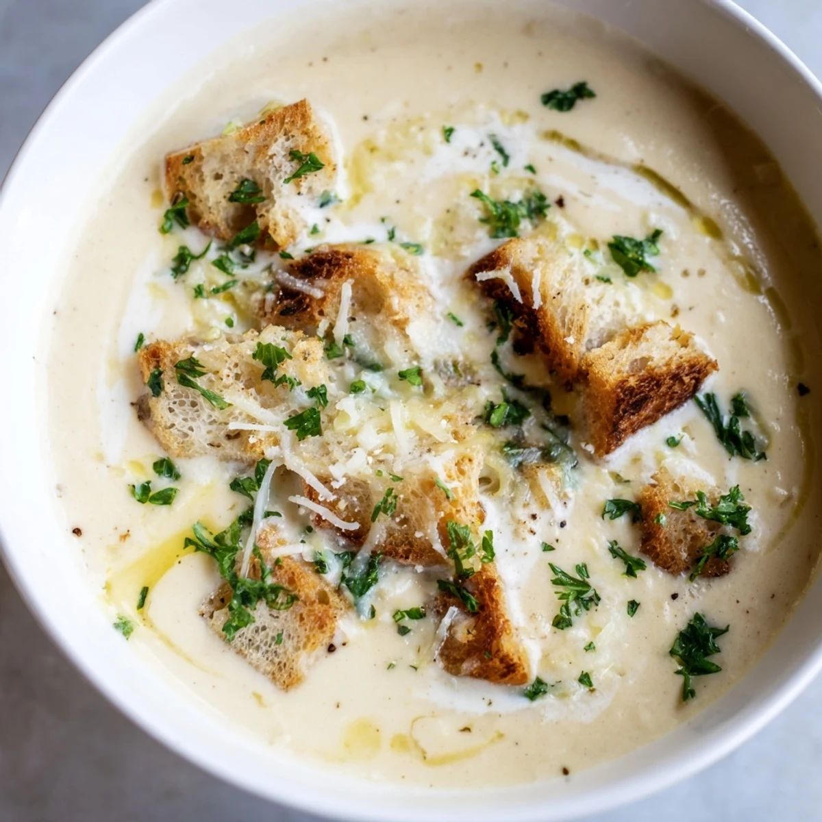 A steaming bowl of Creamy Garlic Bread Soup, topped with fresh parsley, looks delicious.