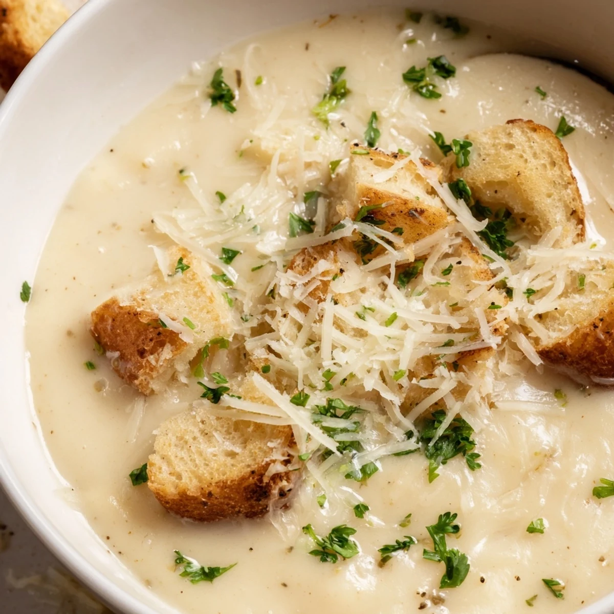This comforting Creamy Garlic Bread Soup features a rich, creamy broth with toasted bread for lunch.