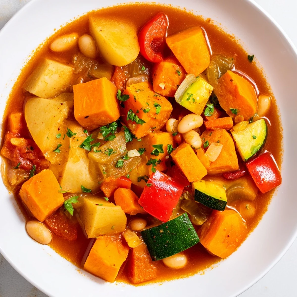Rich, flavorful Hearty Vegan Sweet Potato Stew with tender vegetables, beans, and a tomato broth.