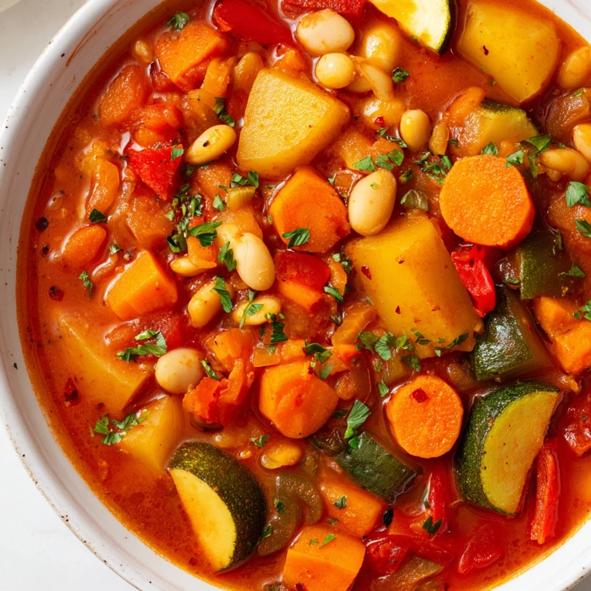 Steaming bowl of Hearty Vegan Sweet Potato Stew, garnished with fresh parsley and lemon wedges.
