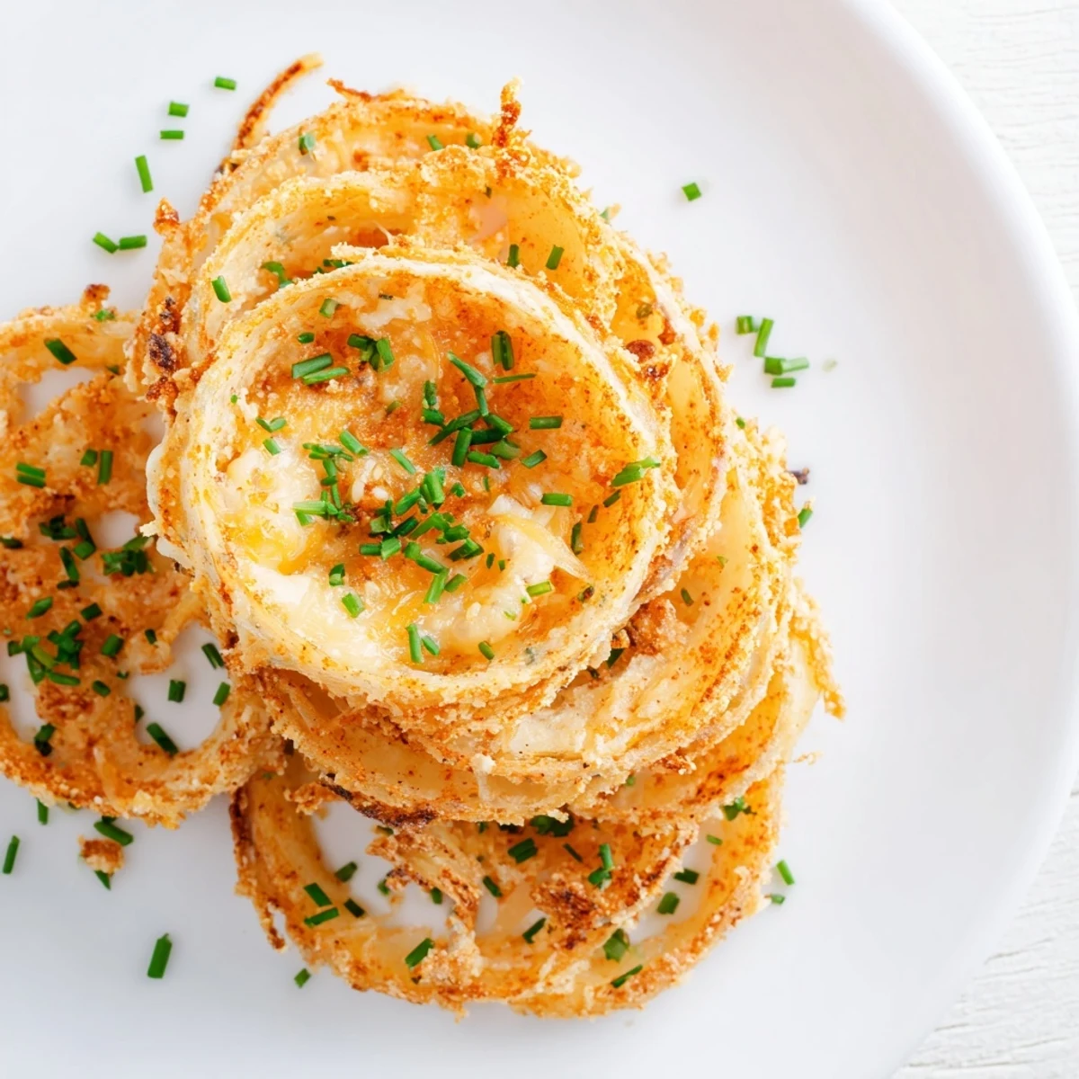 Crispy Onion Cheese Chips: Golden, air-fried chips with melted cheese topping thinly sliced onions, a perfect snack.