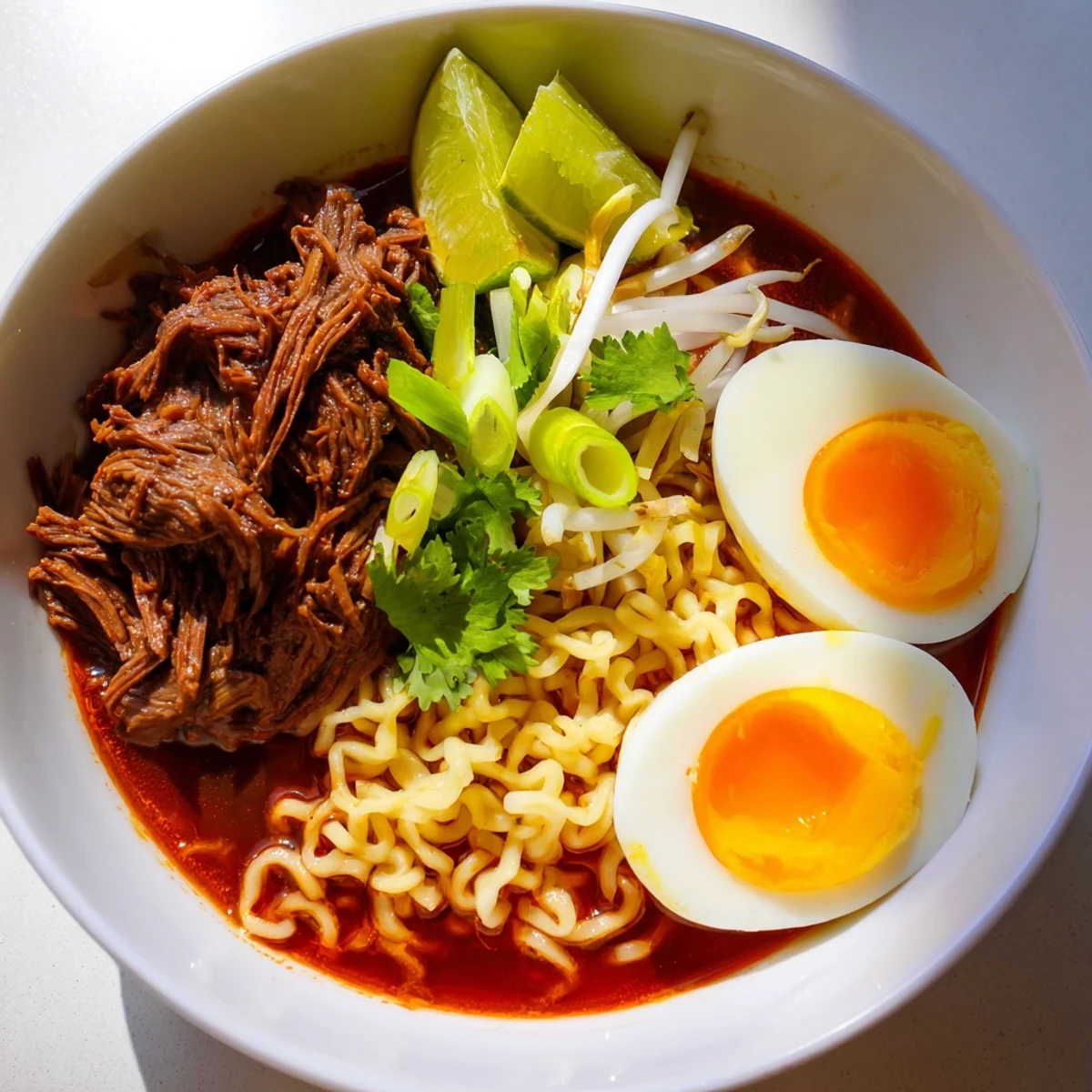 Chaos Cooking Birria Ramen: a flavorful bowl showing rich broth-soaked noodles and tender beef.