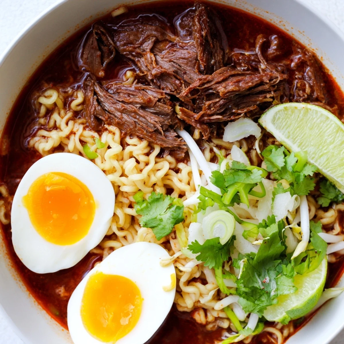 A close-up of steaming Chaos Cooking Birria Ramen with lime wedges, enticing the senses.