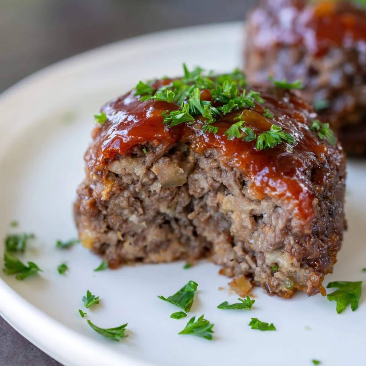 Close-up of baked mini meatloaf bites, juicy and bronzed, ready to serve with flavorful glaze on top.