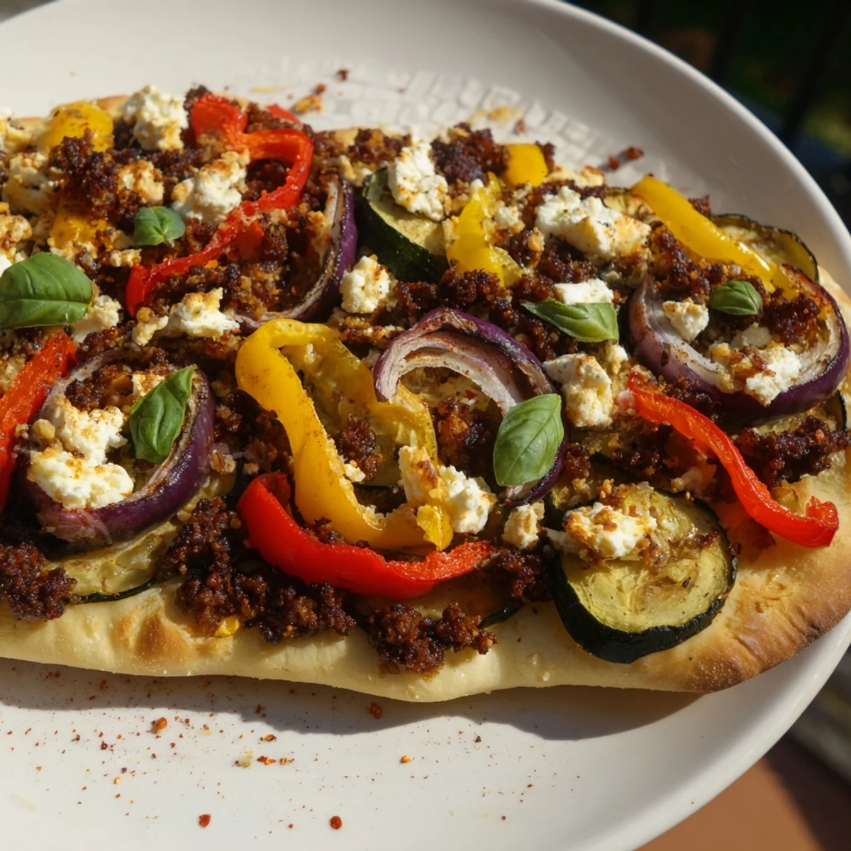Warm and cheesy naan bread pizza topped with colorful roasted veggies, ideal for a quick meal.