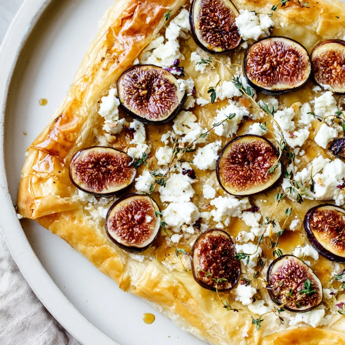 Crispy Puff Pastry Truffle Pizza, showcasing golden crust, figs, goat cheese, with a drizzle of honey.