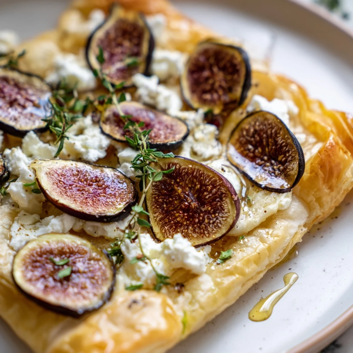 The Puff Pastry Truffle Pizza features a flaky, puffed base, showcasing a gourmet appetizer with figs and cheese.
