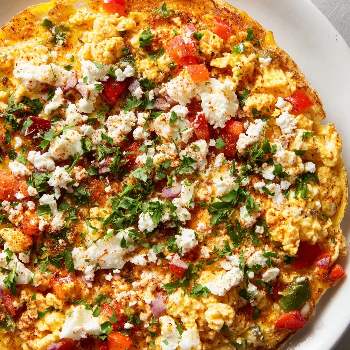 A close-up shot of steaming Turkish Menemen Eggs pizza, glistening with fresh herbs and feta.