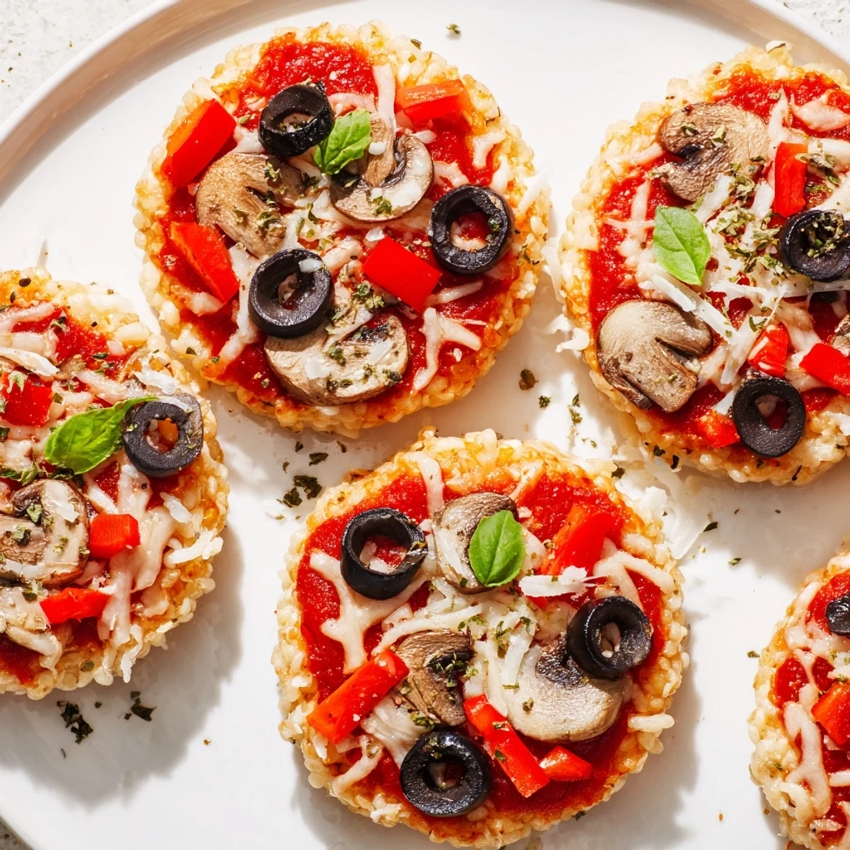 Freshly baked Rice Cake Pizza Squares with vibrant toppings, ready to enjoy as a light meal.