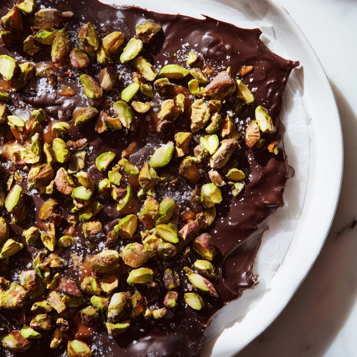 Golden caramel drips around pieces of Pistachio Salted Caramel Bark, studded with bright green pistachios and sea salt.