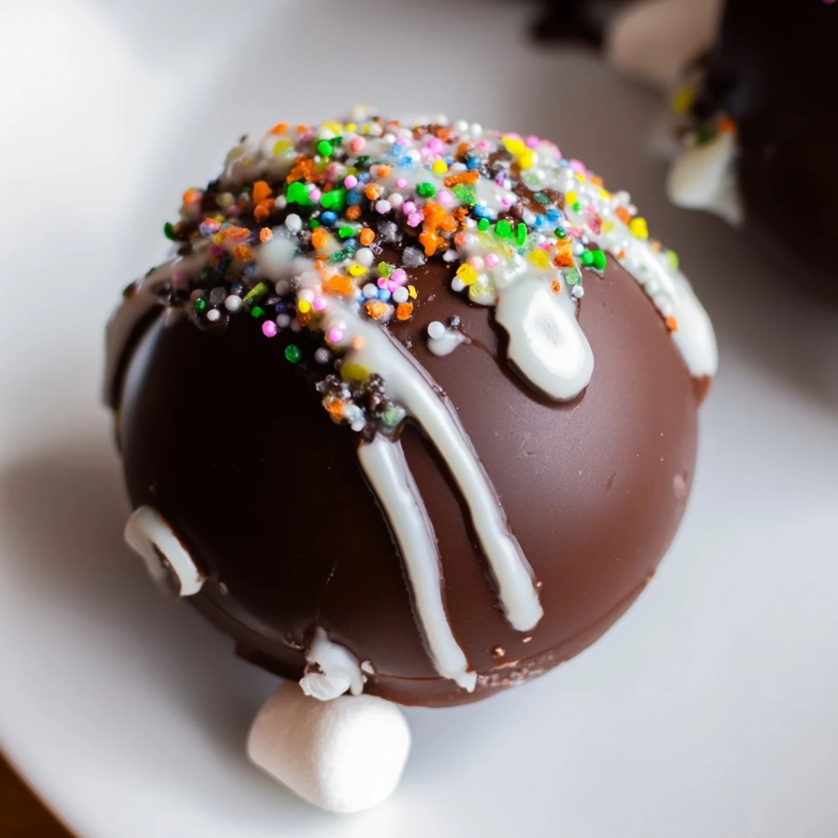 Enjoy a visually appealing, finished Hot Chocolate Bomb with white chocolate drizzle and sprinkles.