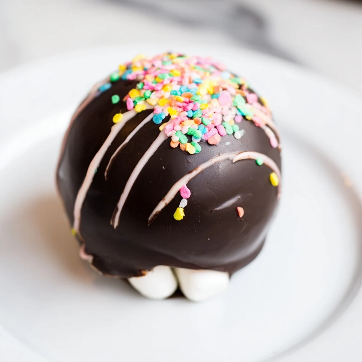 A delightful close-up: a Hot Chocolate Bomb ready to dissolve in hot milk, creating rich hot chocolate.