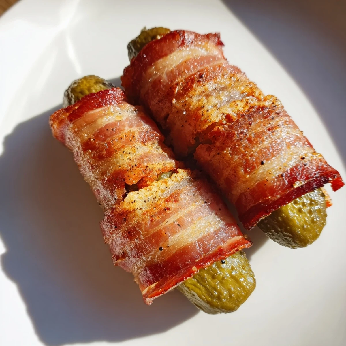 Oven-baked bacon-wrapped pickles, showcasing golden, sizzling bacon surrounding tart pickle halves.