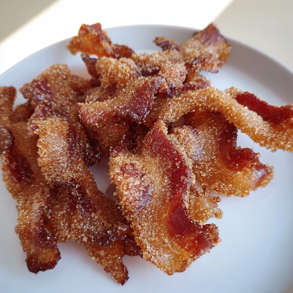 Crispy Spiced Bacon Twists glistening with caramelized sugar, perfect for a savory-sweet snack.