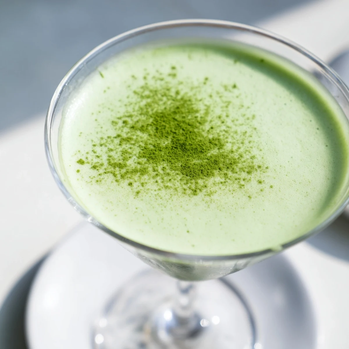 Frothy Matcha Martini, a beautiful green cocktail, chilled beautifully in a martini glass.