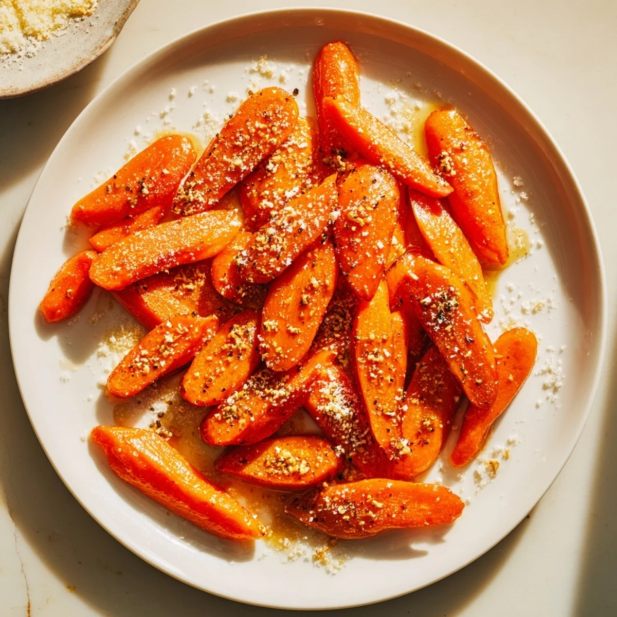A close-up of oven-roasted Parmesan baby carrot chips, a quick and easy, tasty side dish.