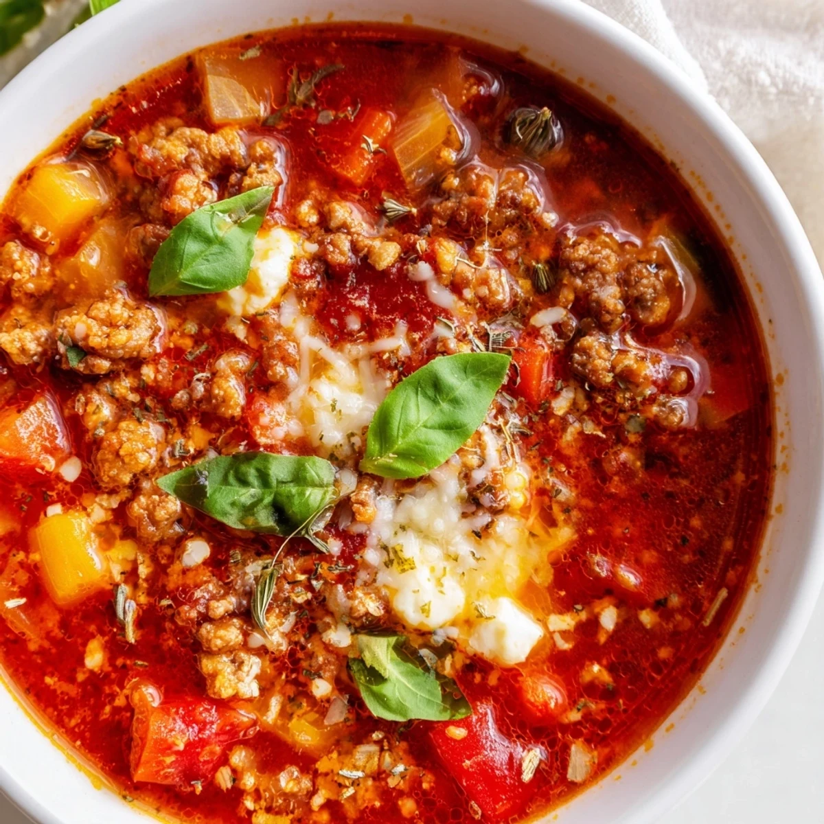 Savory Pizza Soup: A hearty bowl showcasing Italian sausage and a rich tomato broth.