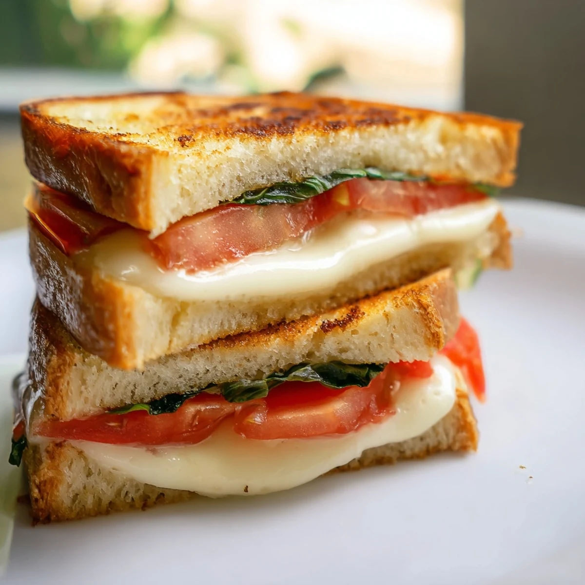Golden-brown grilled cheese sandwich stacked with ripe tomato slices and fresh basil, melted mozzarella oozing between buttery sourdough, ready to serve.  