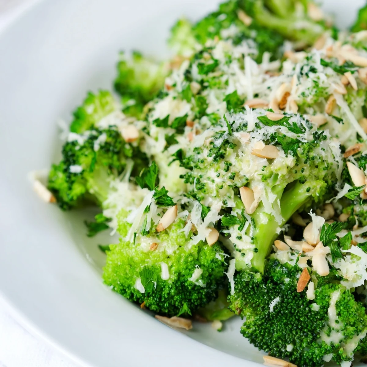 Fresh Garlic Parmesan Broccoli Salad with crisp blanched florets, creamy dressing, and toasted almond topping on a white plate.  