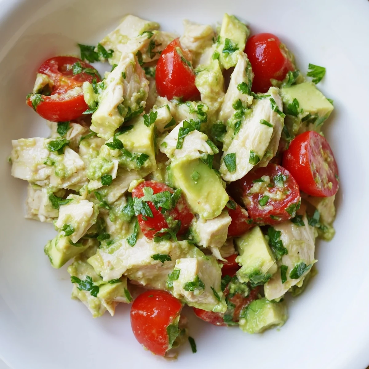Creamy avocado chicken salad in a white bowl, garnished with fresh cilantro and served with crisp lettuce cups for a healthy lunch.