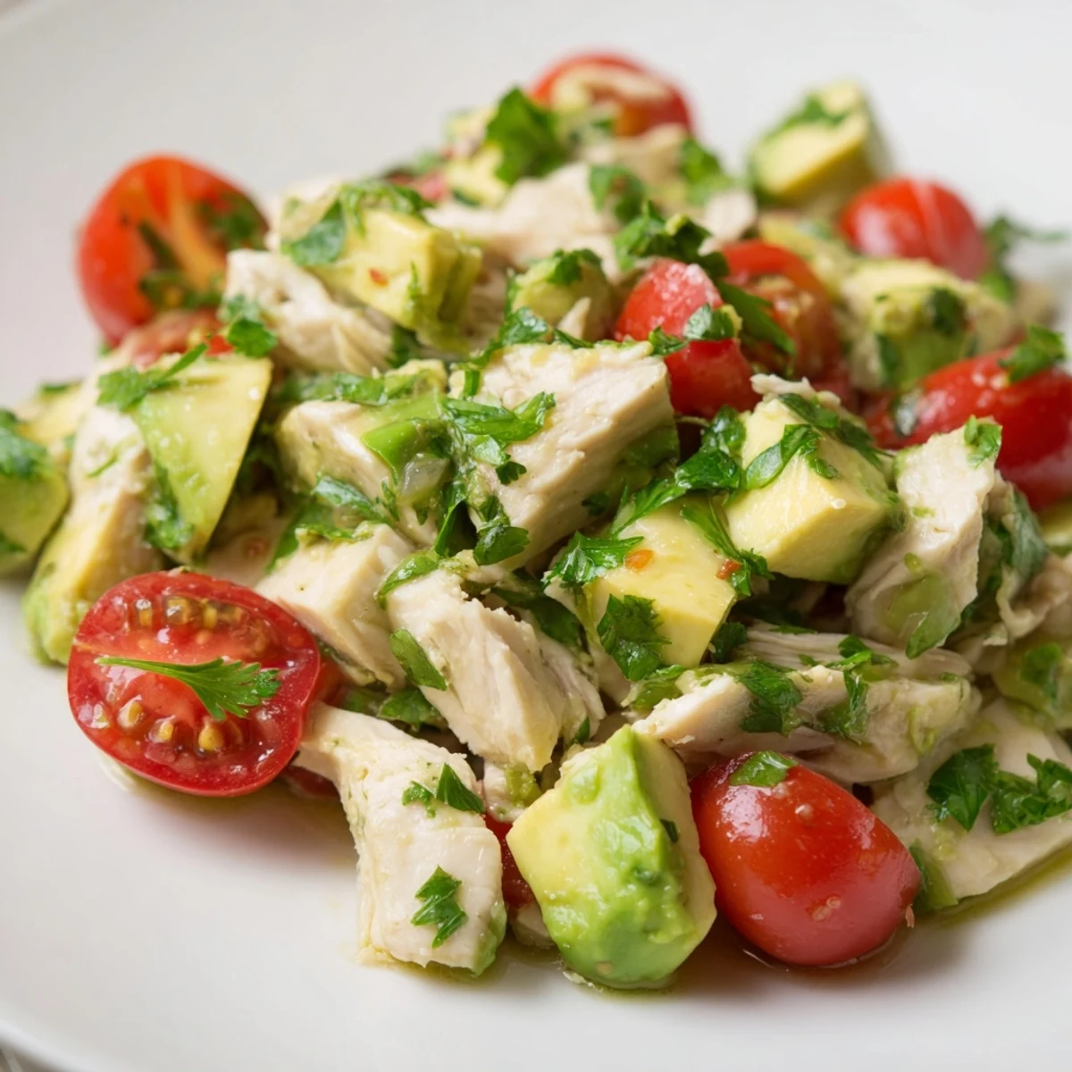 Chilled avocado chicken salad featuring tender diced chicken, ripe avocado chunks, and vibrant cherry tomatoes on a rustic wooden table.