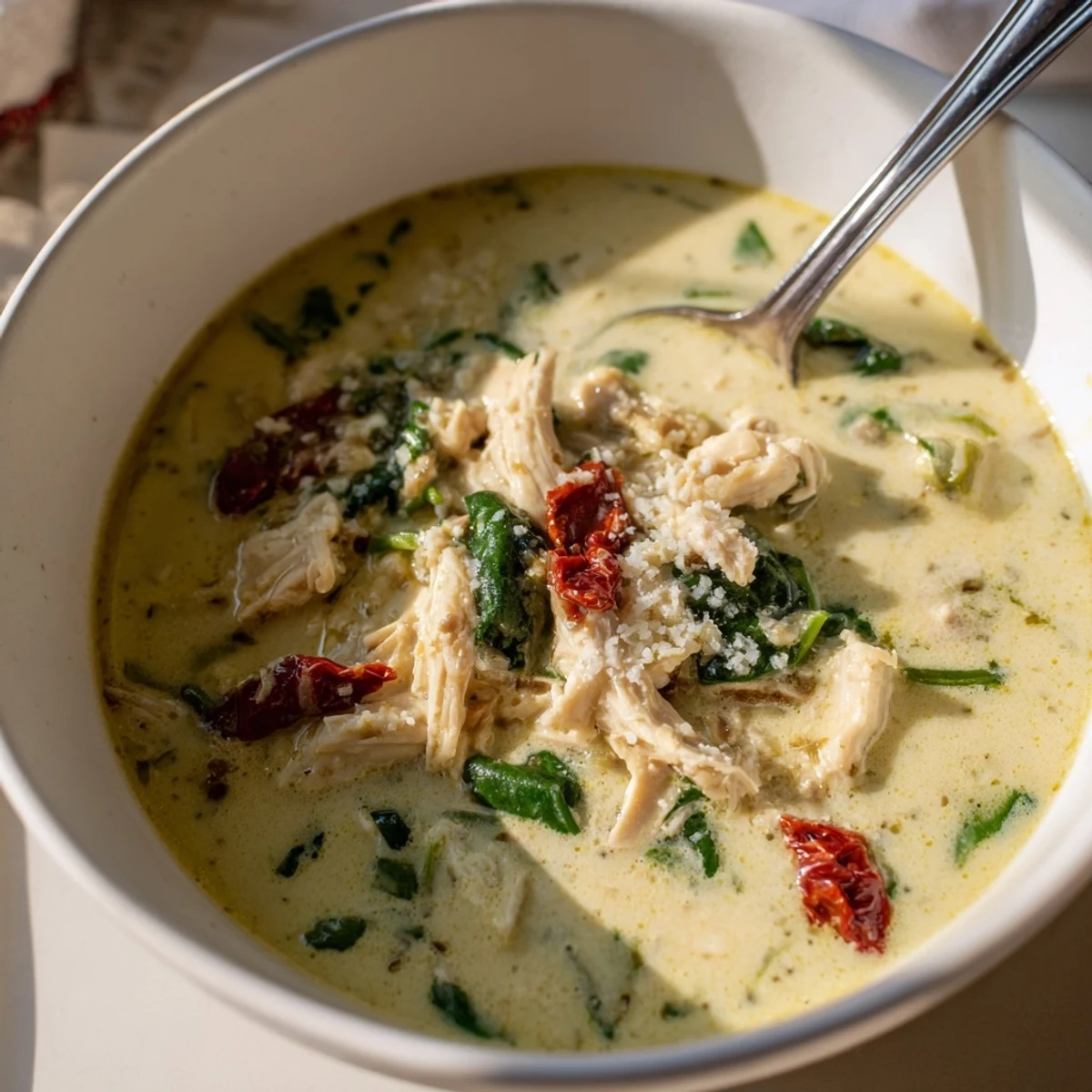 Vibrant Creamy Tuscan Chicken Soup featuring tender chicken, wilted spinach, and a savory cream broth.