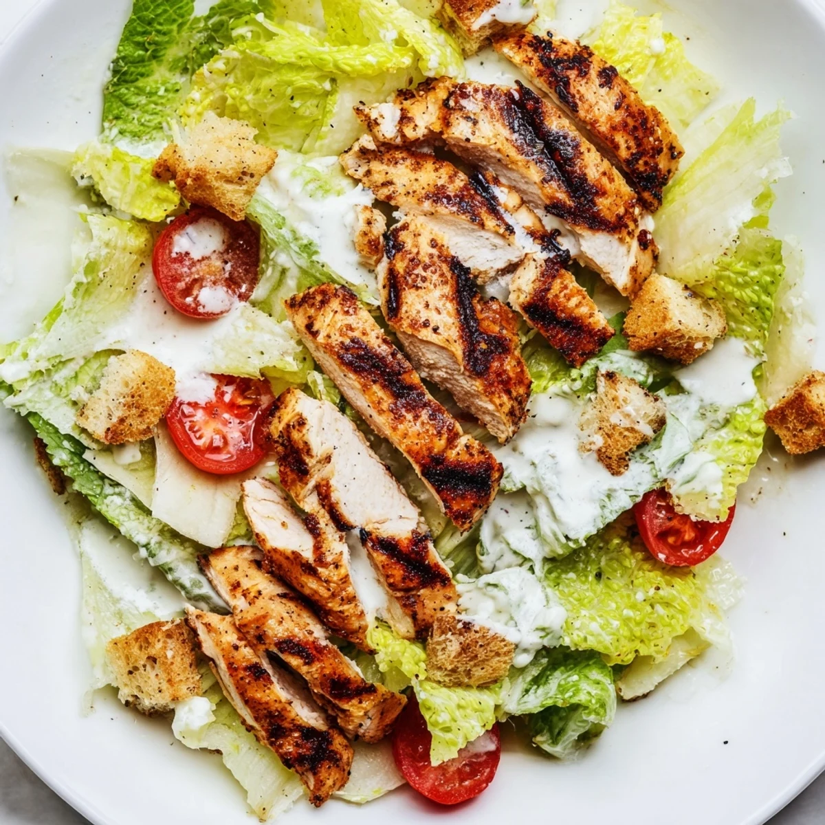 Tender grilled chicken strips rest atop crisp romaine lettuce in this Yogurt Caesar Grilled Chicken Salad, drizzled with creamy Greek yogurt dressing.  
