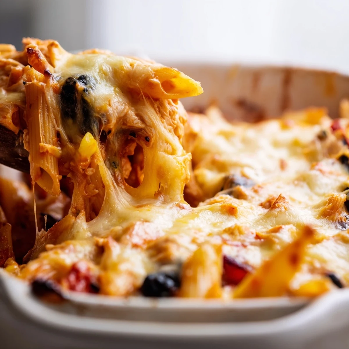 Golden-brown Chicken Burrito Pasta Bake fresh from the oven, with bubbly melted cheddar and Monterey Jack cheese topping.
