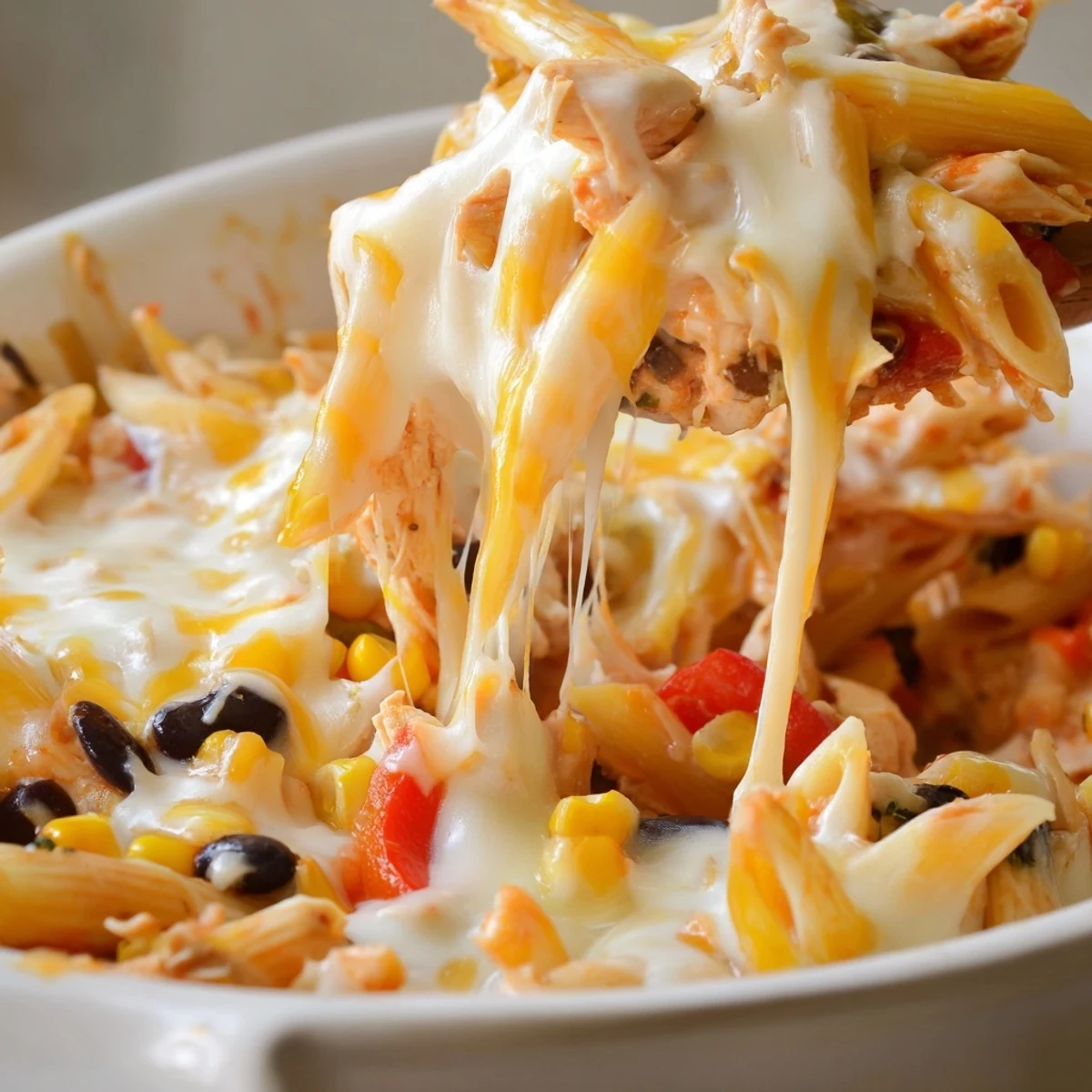 Spoon serving of Chicken Burrito Pasta Bake revealing penne, black beans, corn, and shredded chicken in creamy salsa sauce.