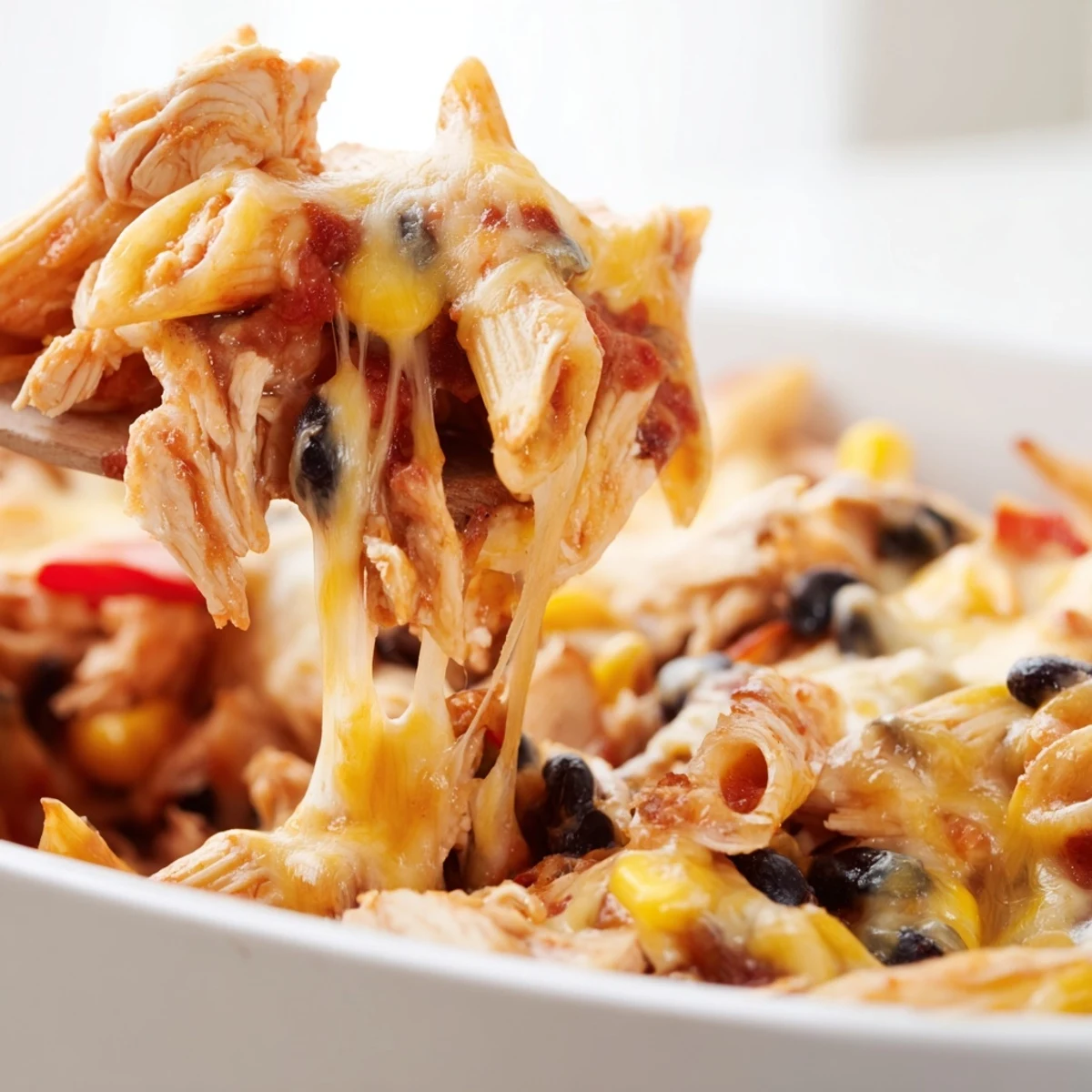 Close-up of Chicken Burrito Pasta Bake garnished with fresh cilantro, jalapeños, and lime wedges on a rustic table.