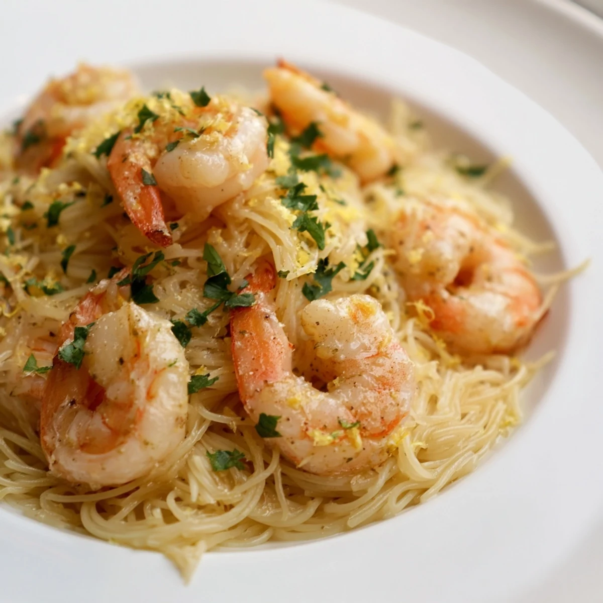 The bright, sautéed Lemon Butter Shrimp Pasta Lite glistens with buttery sauce and lemon zest, with a fork resting beside the dish.  