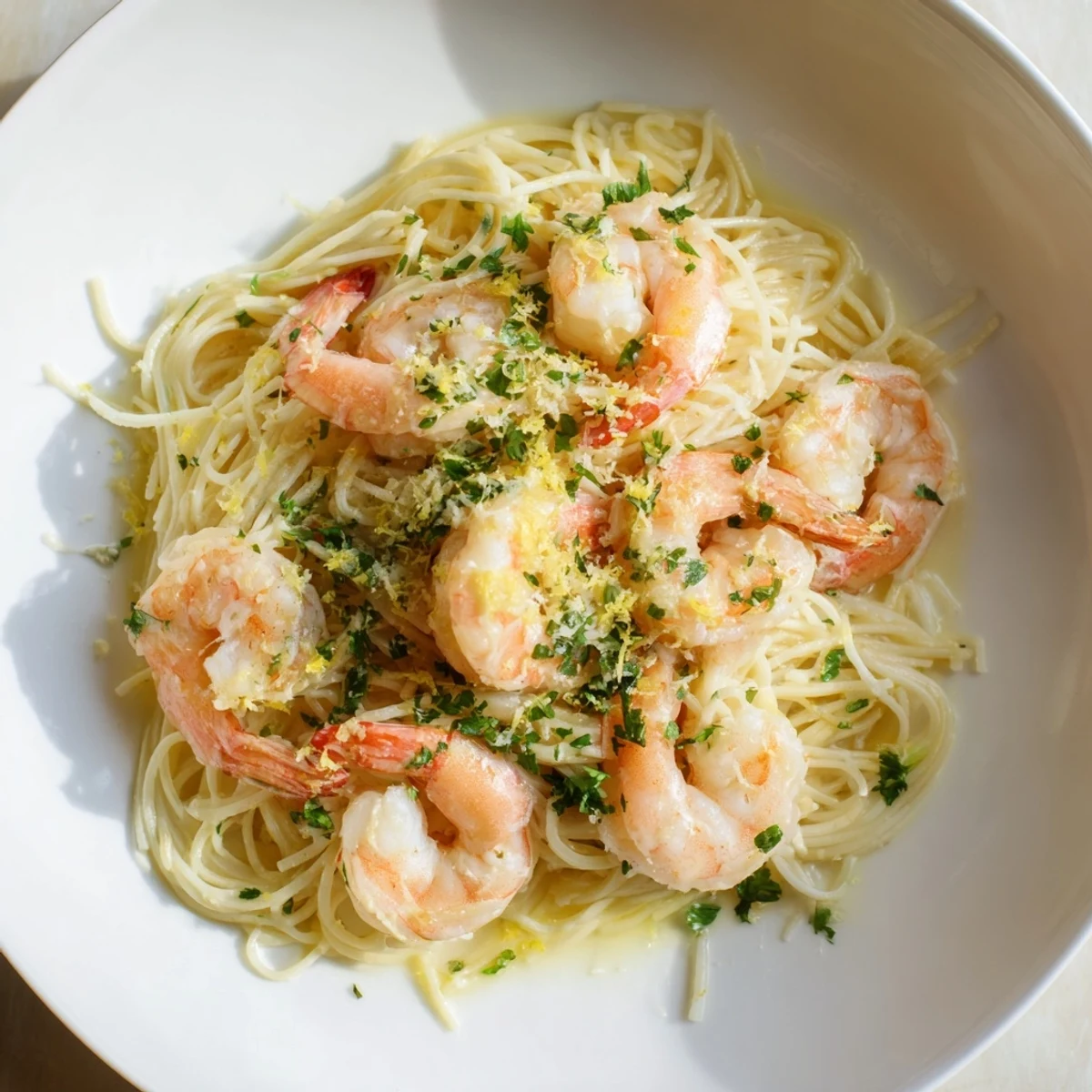 A close-up of Lemon Butter Shrimp Pasta Lite with angel hair noodles coated in a glossy lemon-garlic butter sauce, topped with pink shrimp and fresh parsley.  