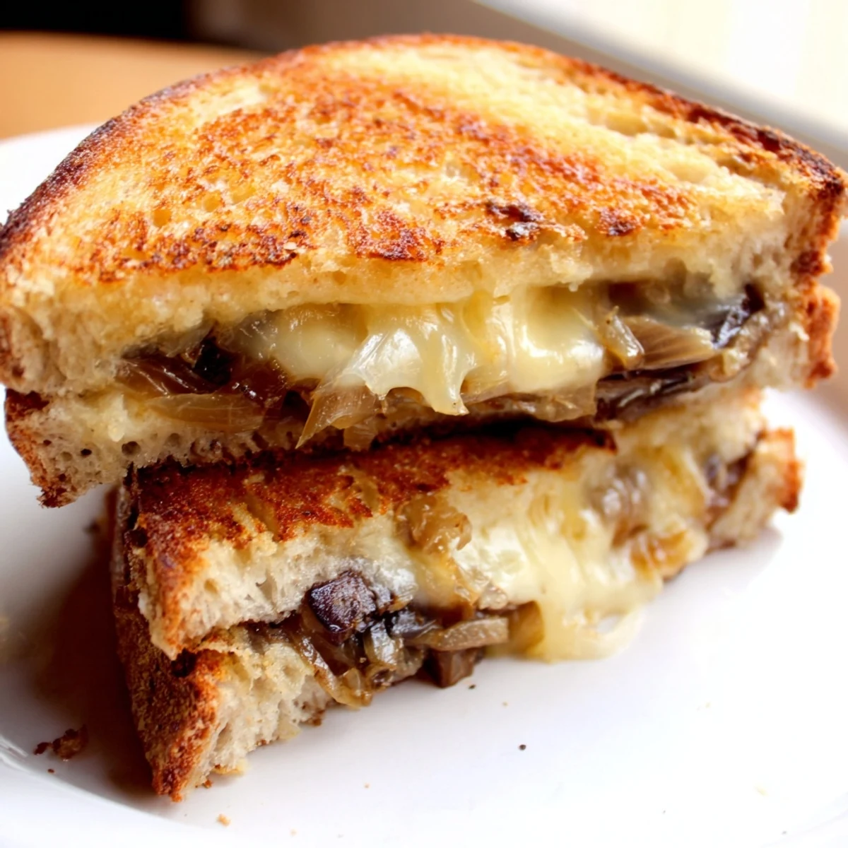 Golden, crispy sourdough slices stuffed with melty Gruyère and sweet caramelized onions, served hot on a rustic wooden board.