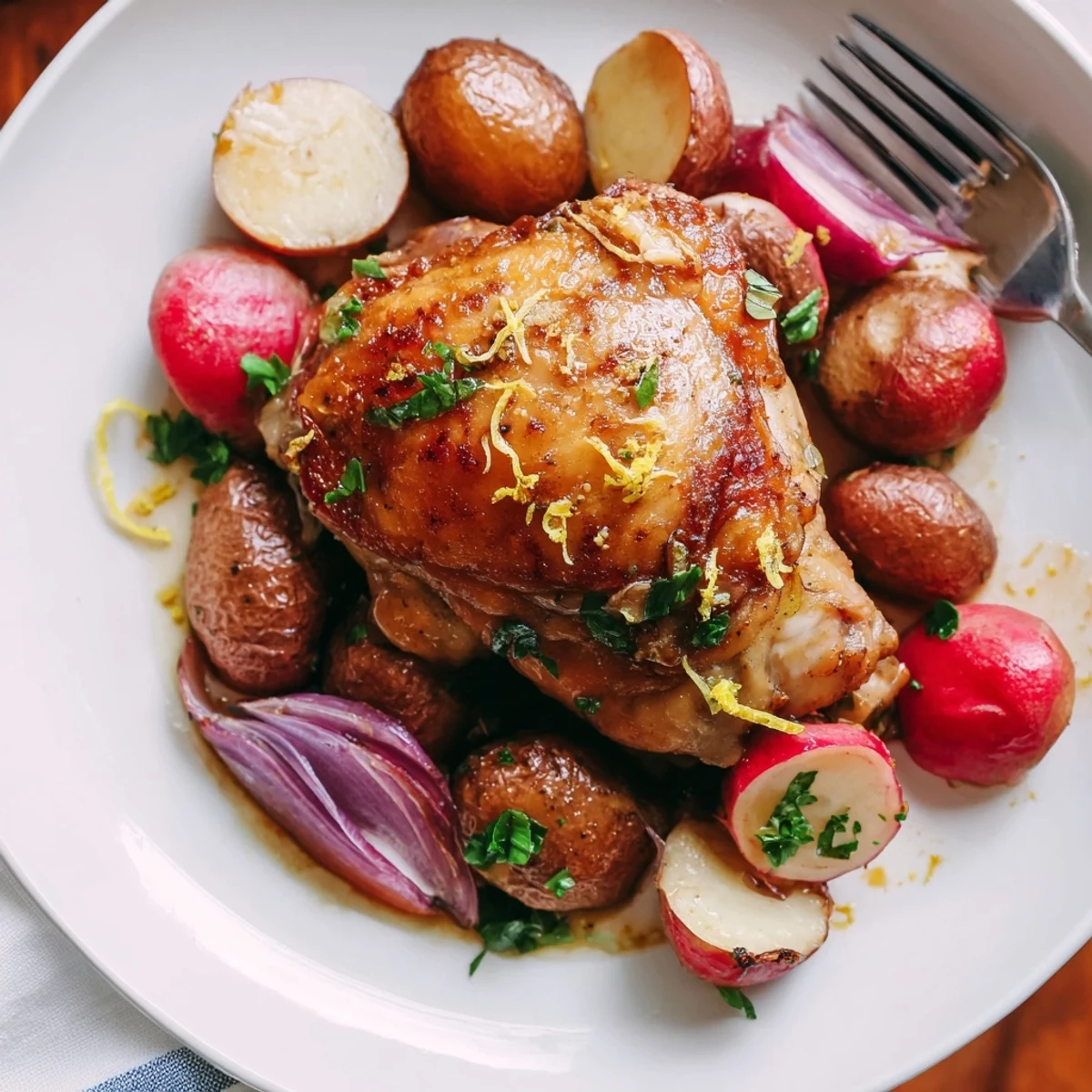 Golden roasted chicken thighs sit beside caramelized potatoes and sweet roasted radishes on a sheet pan, drizzled with fresh lemon juice and parsley.  