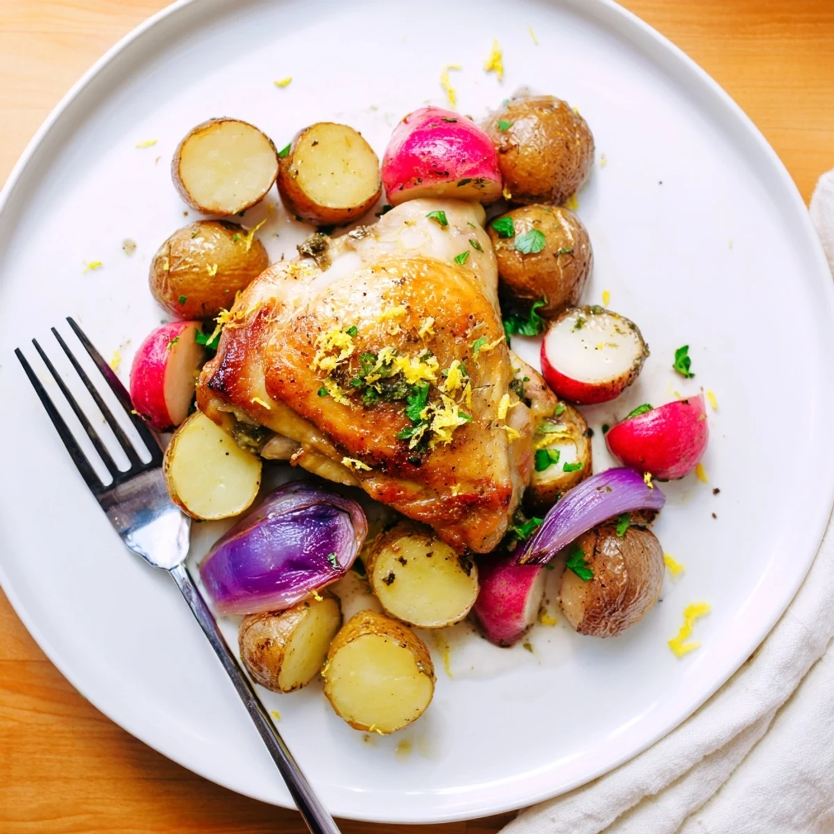 This Roasted Radish & Chicken Sheet Pan dinner shows juicy chicken thighs nestled among tender roasted radishes and potatoes with a lemon kick.  