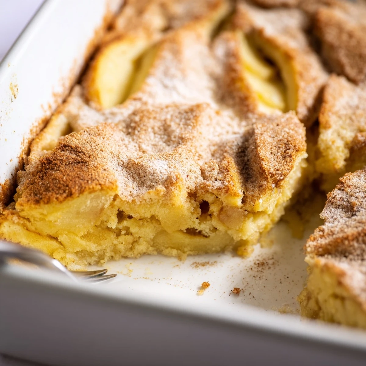 Freshly baked Baked Apple Cake with tender apple slices and a warm cinnamon sugar topping on a rustic wooden table.