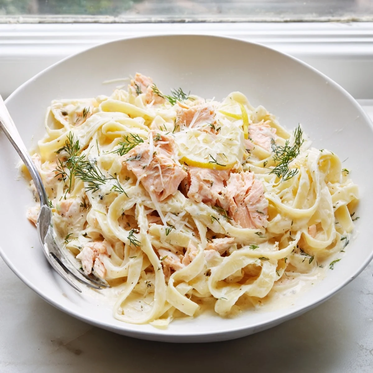 Steaming, creamy salmon pasta tossed with fresh dill and lemon zest, served on a white plate for a cozy weeknight dinner.