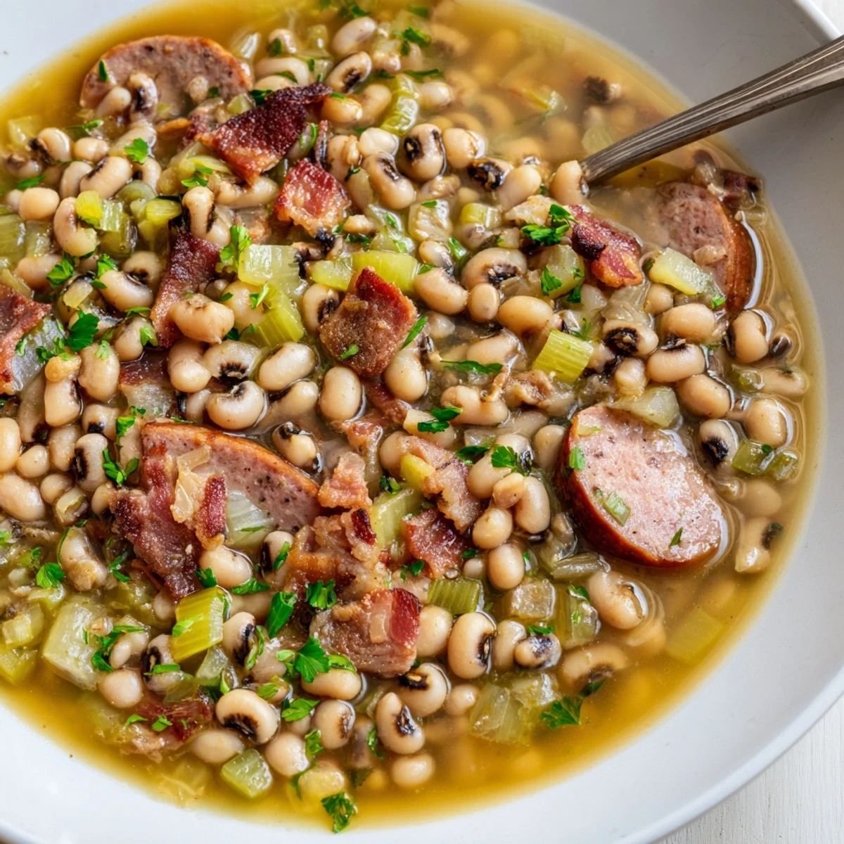 Creamy Southern-Style Black-Eyed Peas simmered with smoky sausage, bacon, and aromatic vegetables in a savory broth.
