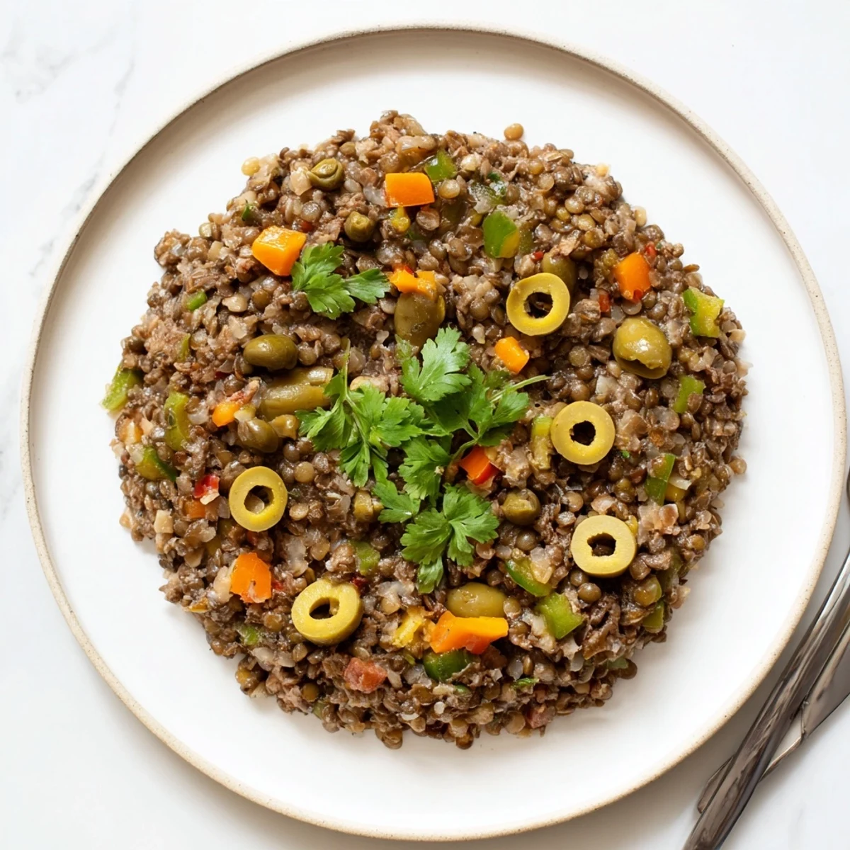 Steaming, seasoned Cuban-Inspired Lentil Picadillo features hearty lentils, olives, and sweet raisins in a savory skillet.