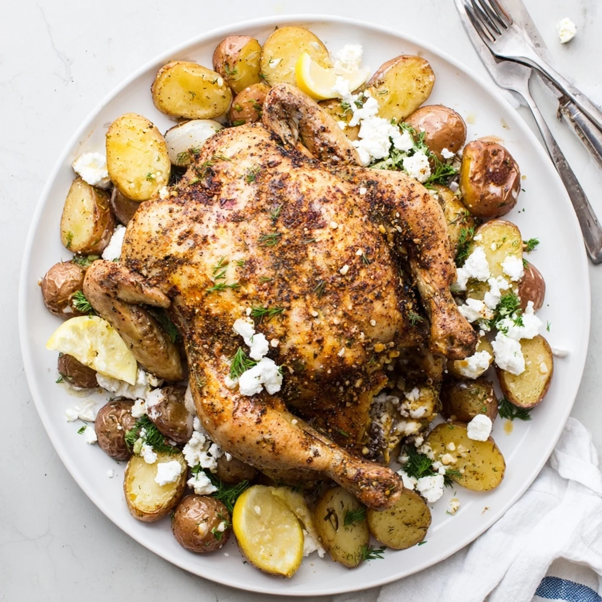 Golden-brown Roasted Chicken with Pot Potatoes, Lemon Herbs, and Feta rests beside lemon wedges and fresh dill on a rustic platter.