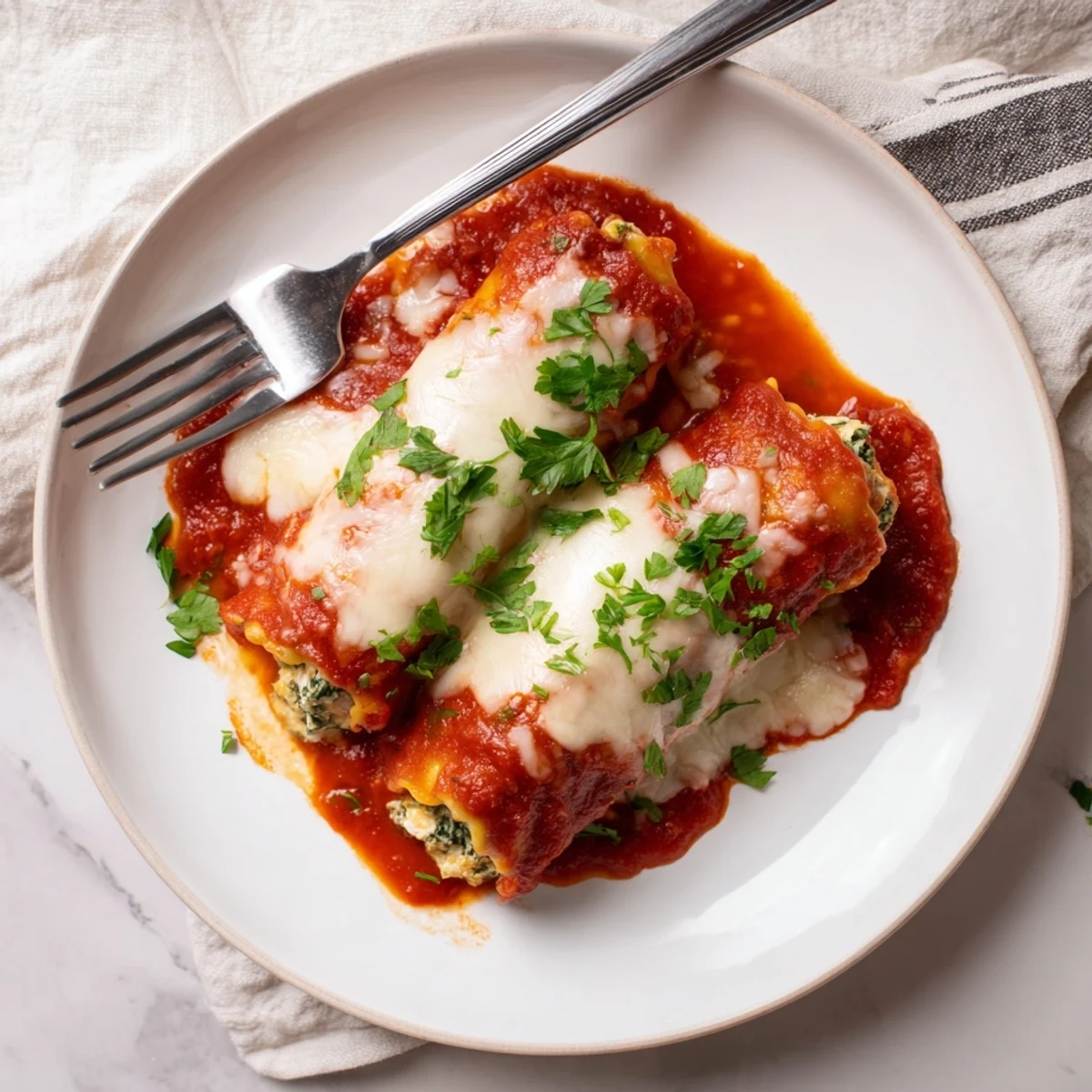 Golden-brown Chicken and Spinach Lasagna Rolls emerge from the oven, filled with creamy ricotta and chicken, draped in rich marinara sauce.  