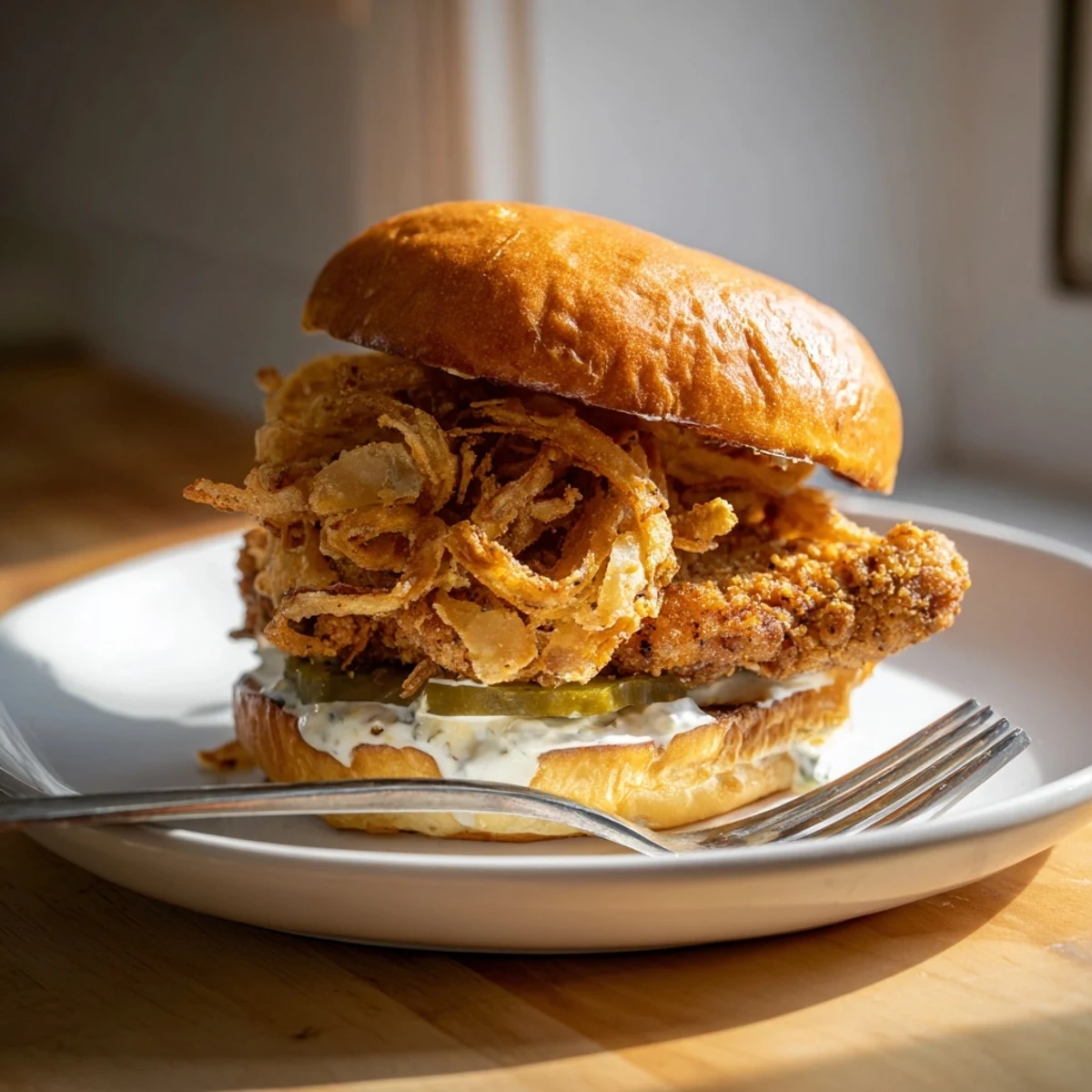 The Crispy Onion Chicken Sandwich features golden fried chicken, crispy onions, and creamy aioli nestled in a toasted brioche bun.