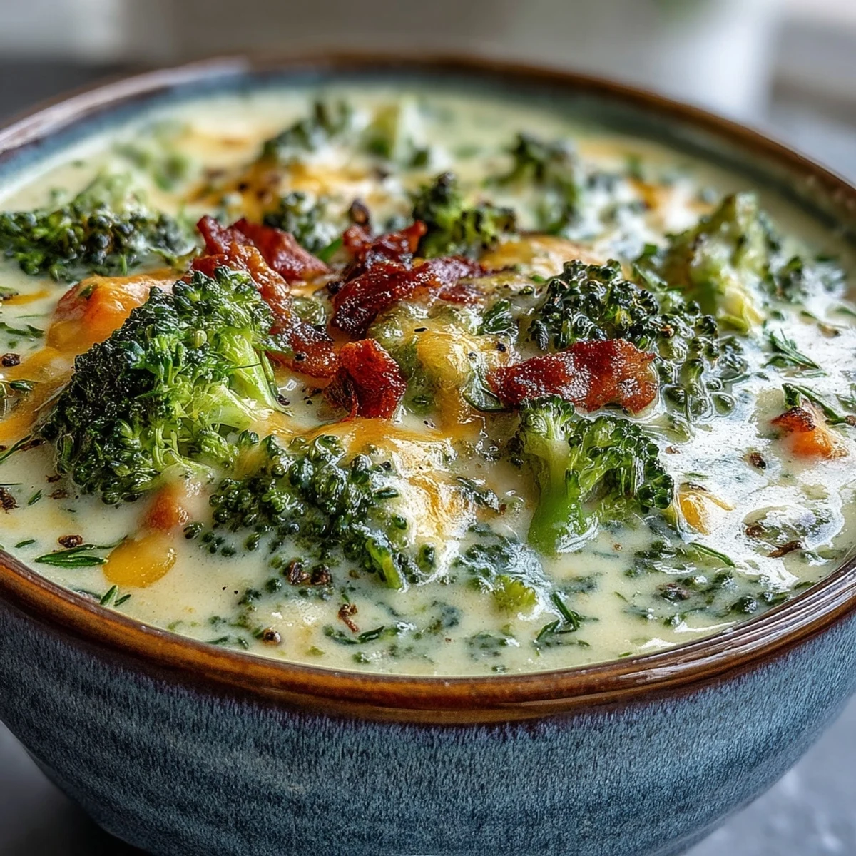Hearty Roasted Broccoli Cheddar Soup served hot, garnished with roasted broccoli and cheddar cheese.