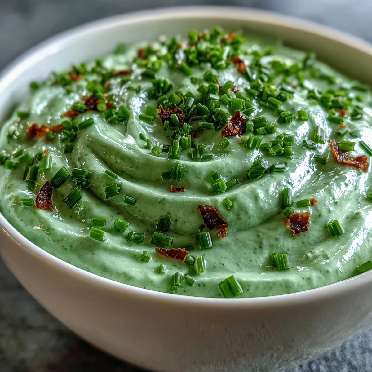 Steaming bowl of Cream of Broccoli Soup garnished with fresh chives and croutons.