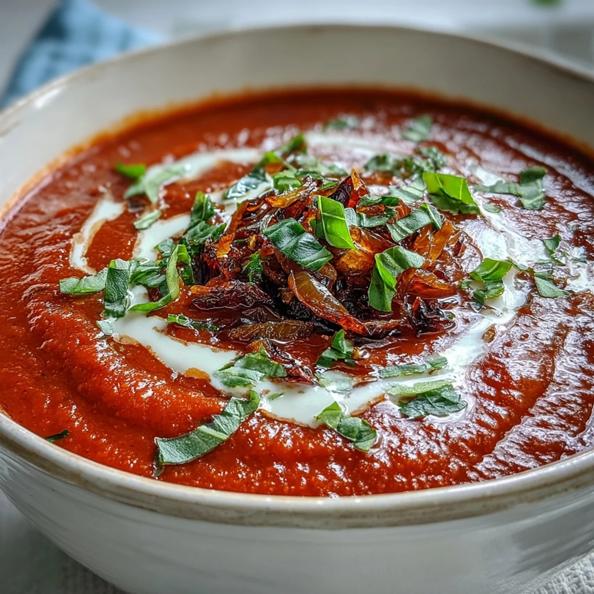 Freshly roasted tomatoes, onions, and garlic blended into a silky, aromatic Roasted Tomato Basil Soup served hot.