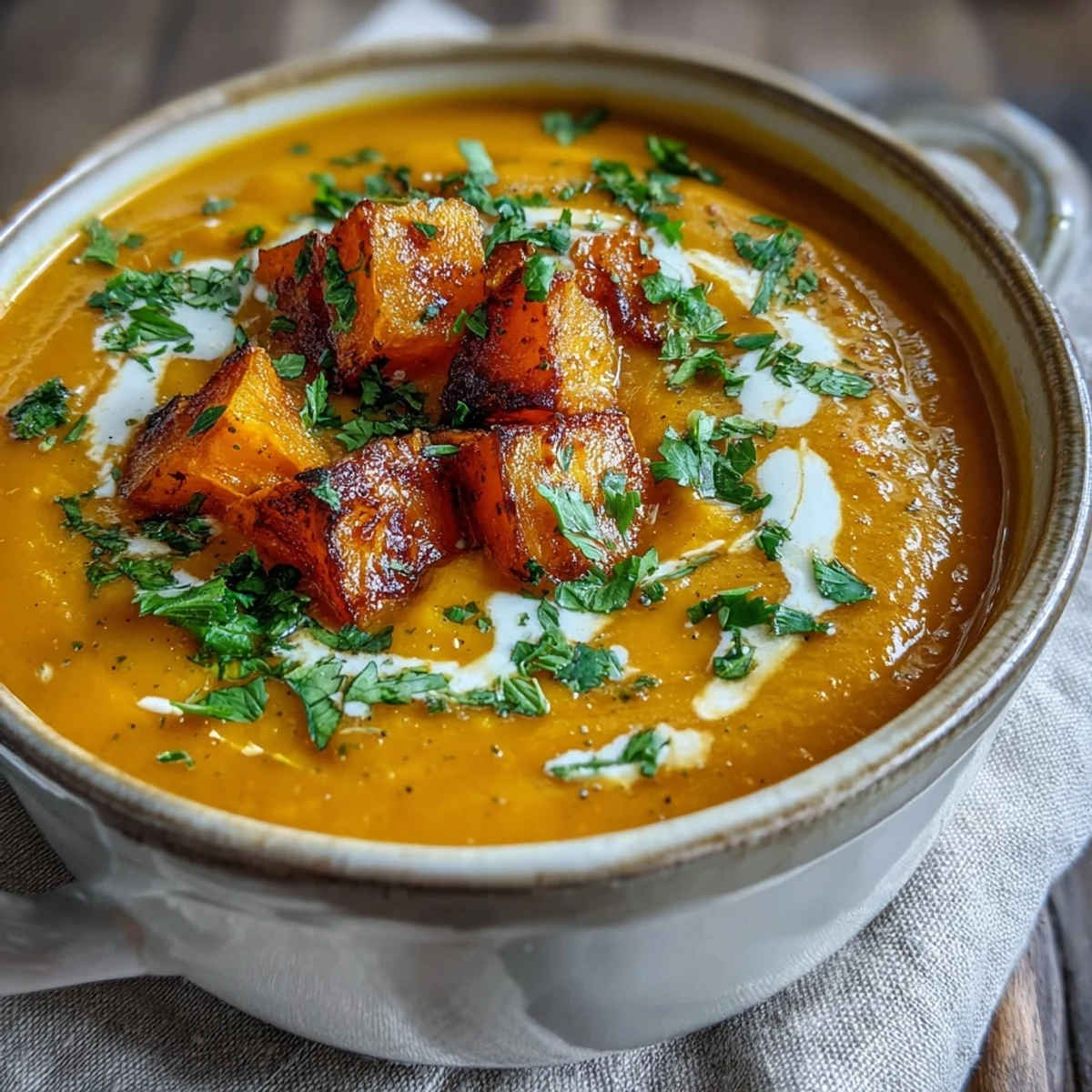 A bowl of roasted butternut squash and lentil soup with warm spices, perfect for chilly days.