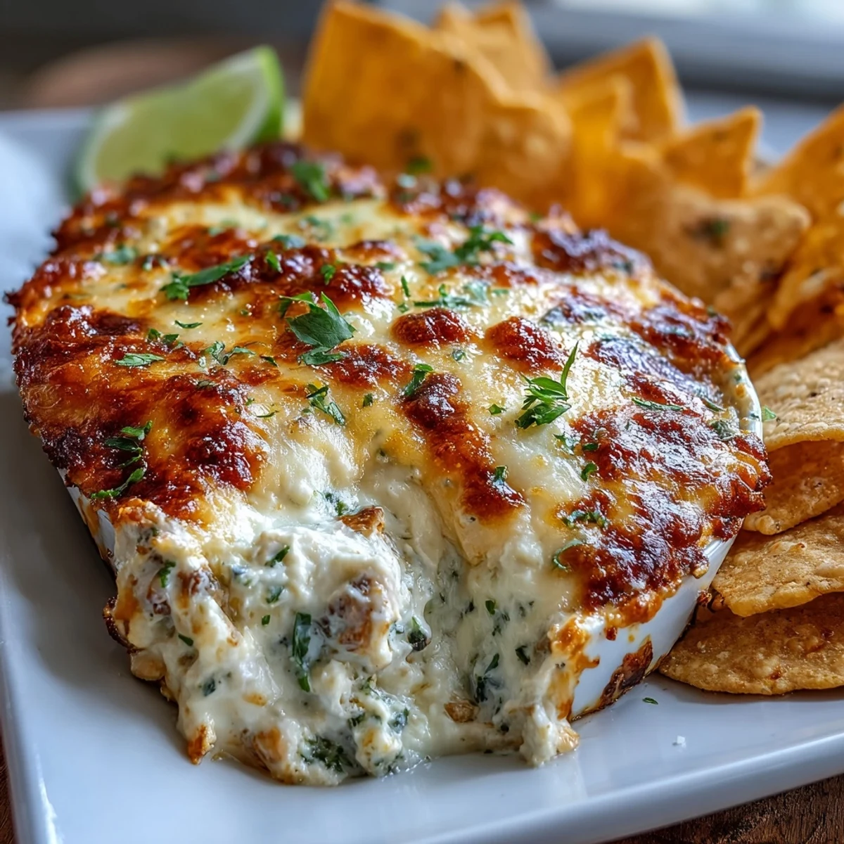 Creamy Cilantro and Lime Chicken Dip baked and garnished with fresh cilantro, served warm with crunchy tortilla scoops for dipping.