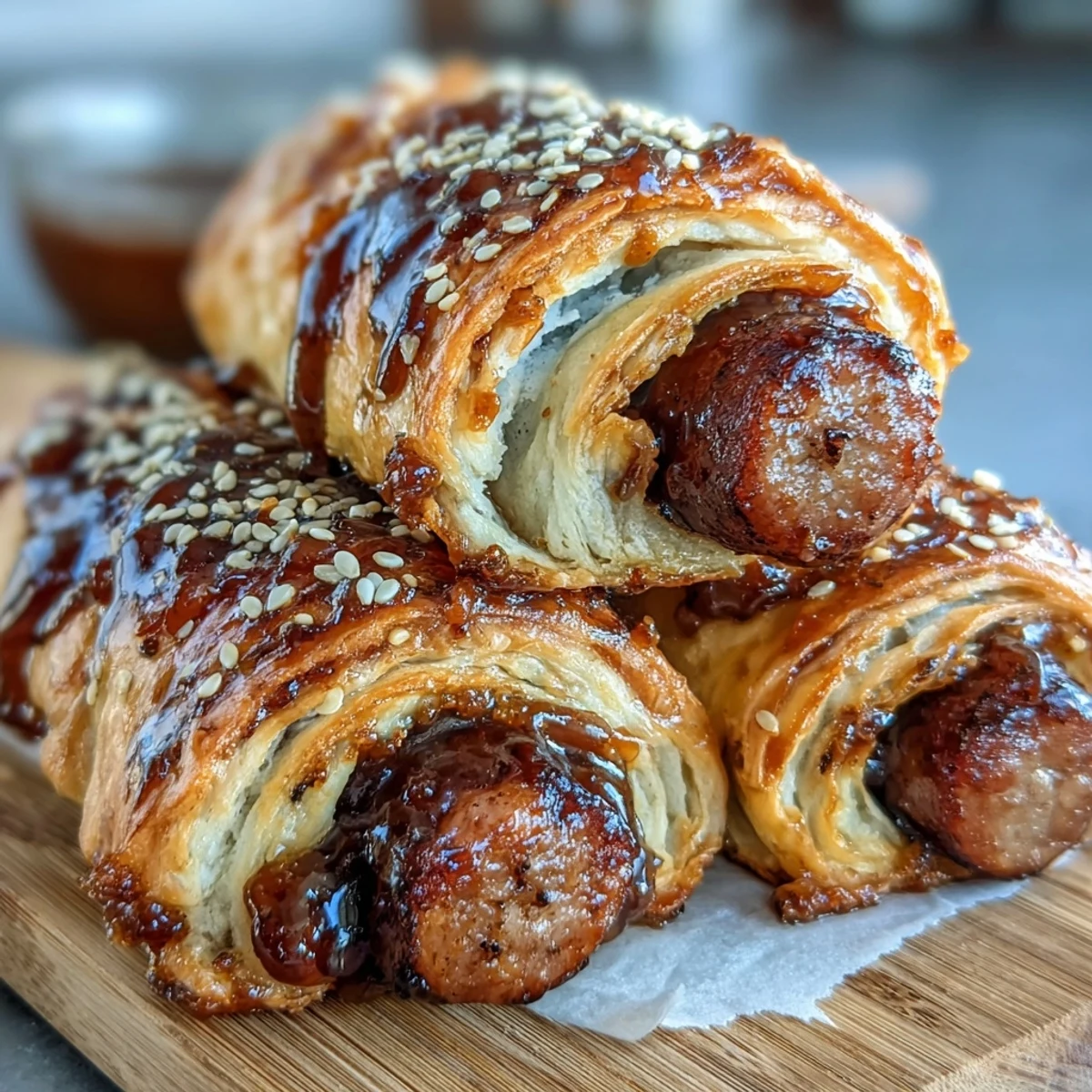 Sweet and spicy glaze shines on these Pepper Jelly Hogs in a Blanket, garnished with fresh chives and ready to serve. 