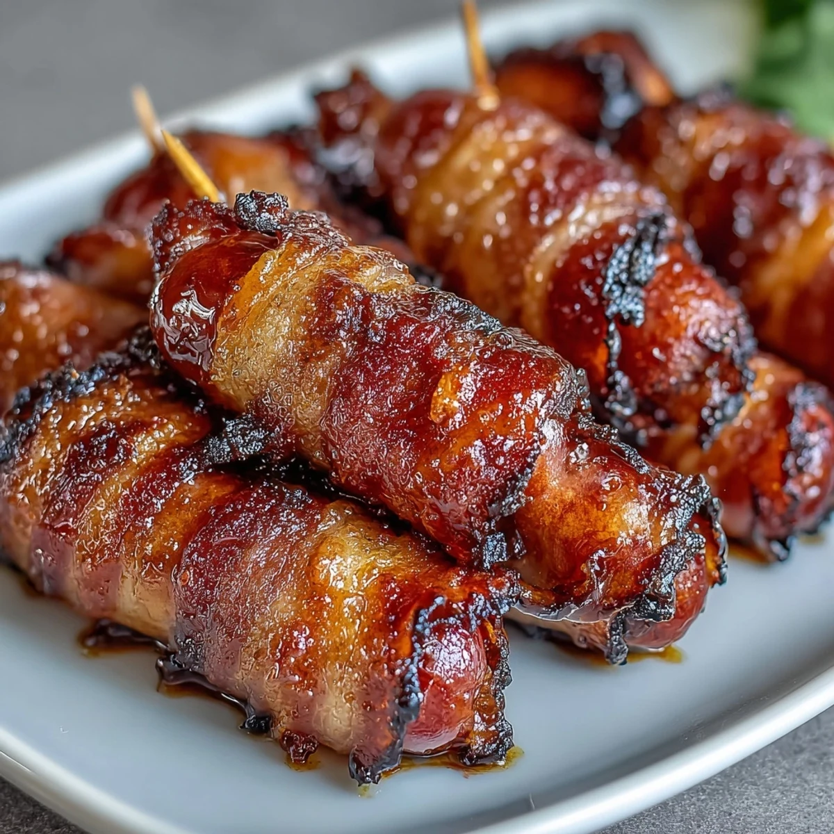 Crispy bacon-wrapped smokies with a sticky brown sugar glaze on a serving platter.