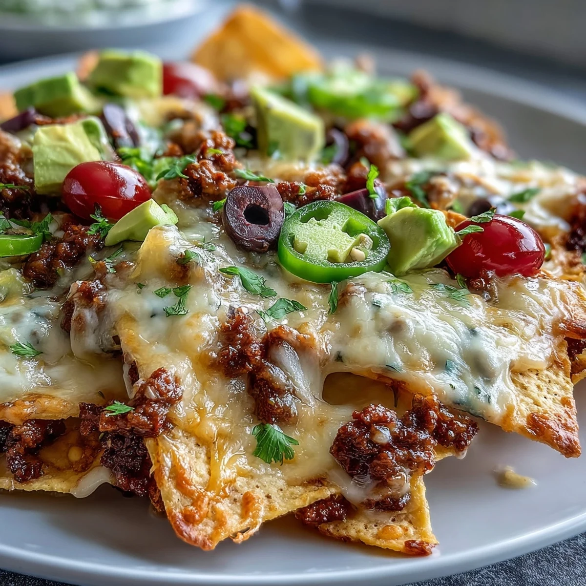 Freshly baked Baked Nachos with colorful toppings like black beans, olives, and cilantro, served hot on a baking sheet.